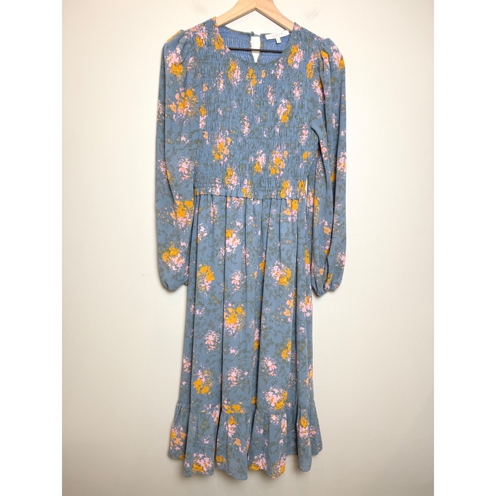 Wayf Floral Smocked Long Sleeve Ruffle Midi Dress Blue Cottagecore S Prairie
